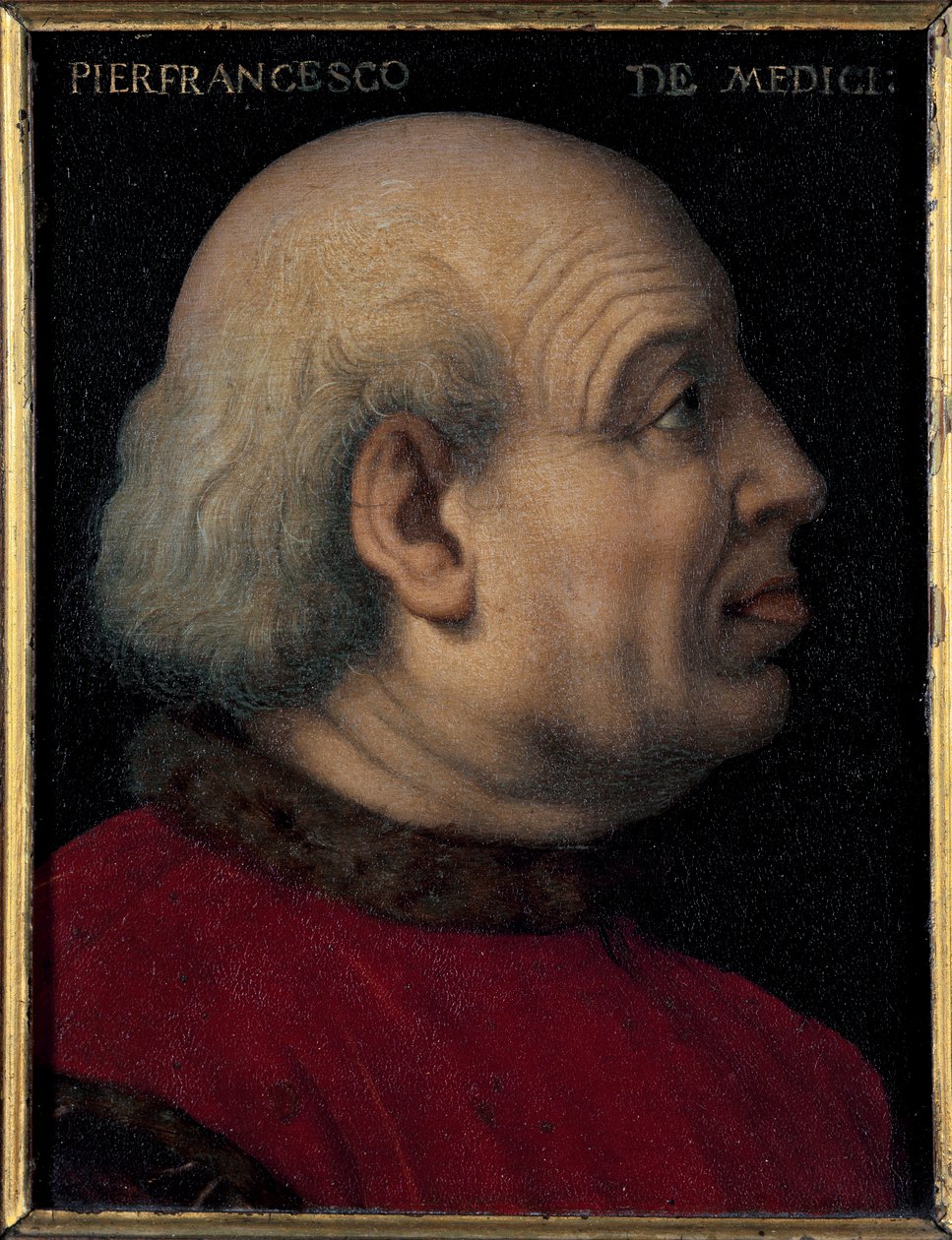 Portræt af Pierfrancesco di Lorenzo de Medicis den Ældre (1430-1476) (Portræt af Pierfrancesco de Medici den Ældre italiensk bankmand og diplomat, medlem af Medicihuset i Firenze) Maleri af Bronzino (Agnolo di Cosimo) (1503-1572) Mål 15x12 cm af Agnolo Bronzino
