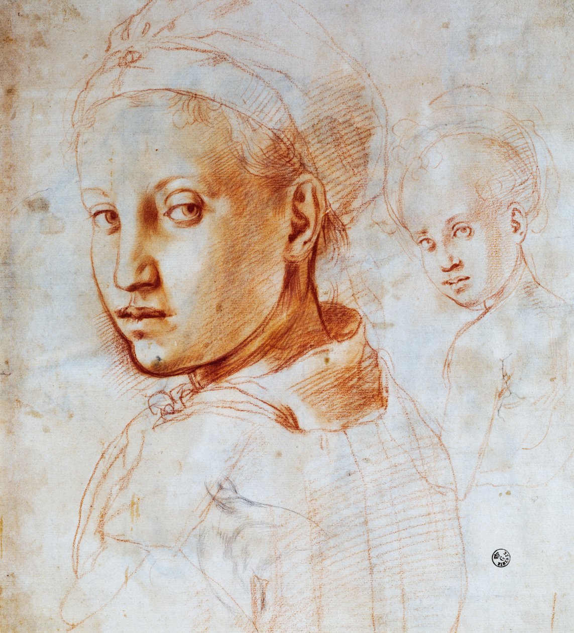 Ung kvindes hoved, af Agnolo Bronzino (1503-1572), Tegning, Italien af Jacopo Pontormo