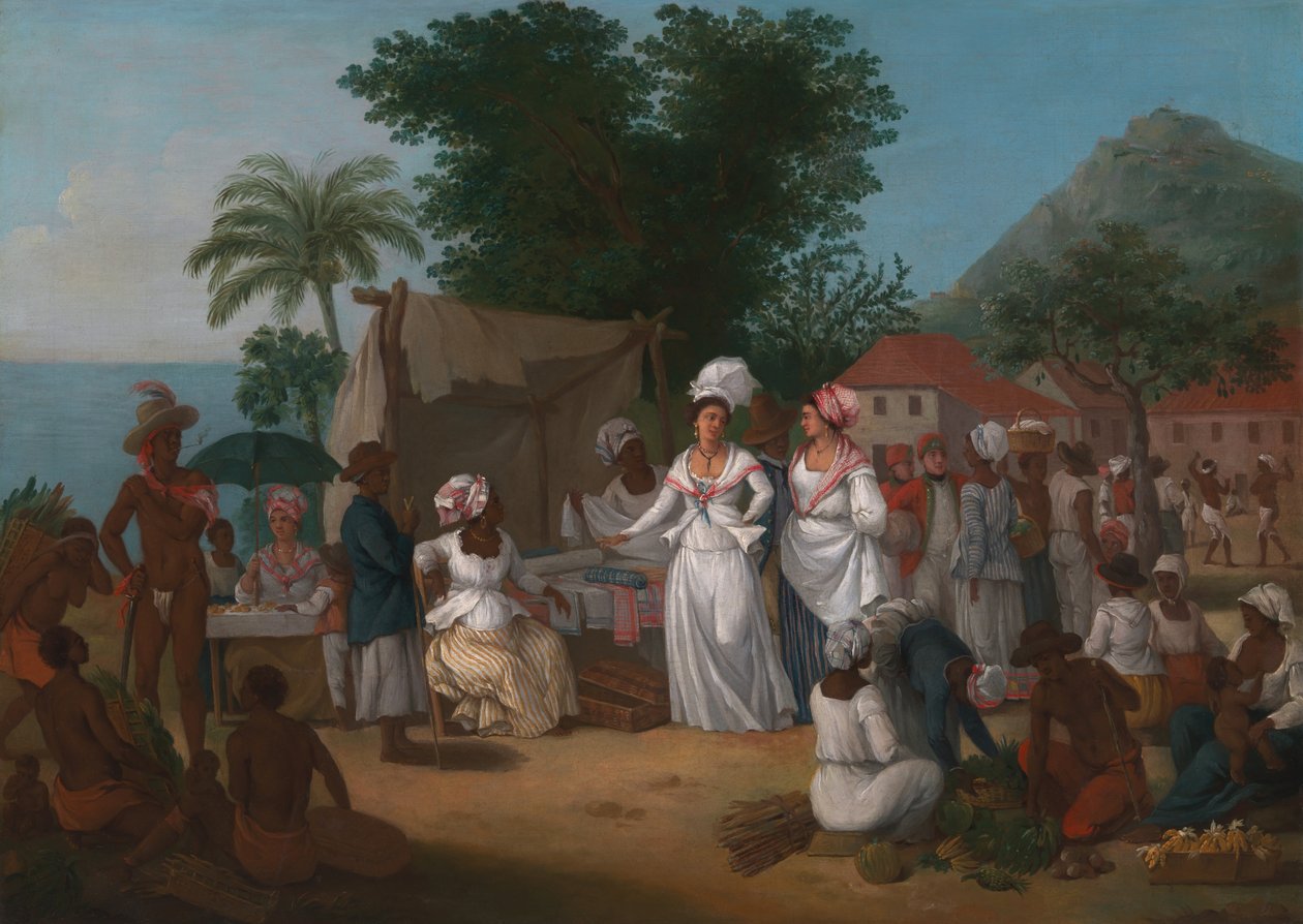 Et Linnedmarked med Linnedbod og Grøntsags sælger i Vestindien af Agostino Brunias