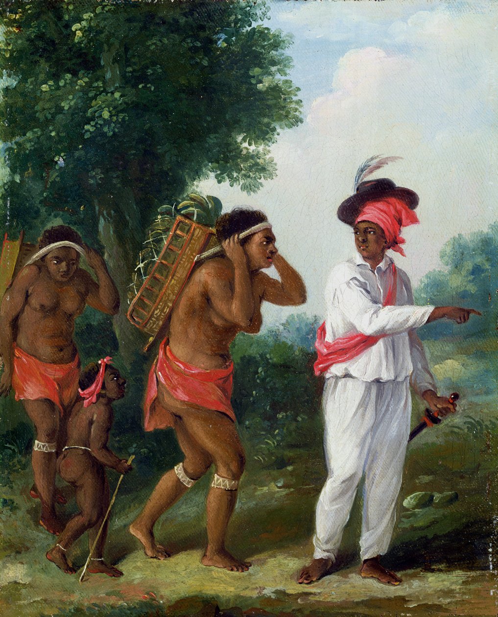 Vestindisk farvet mand, instruerer to caribiske kvinder med et barn, ca. 1780 af Agostino Brunias