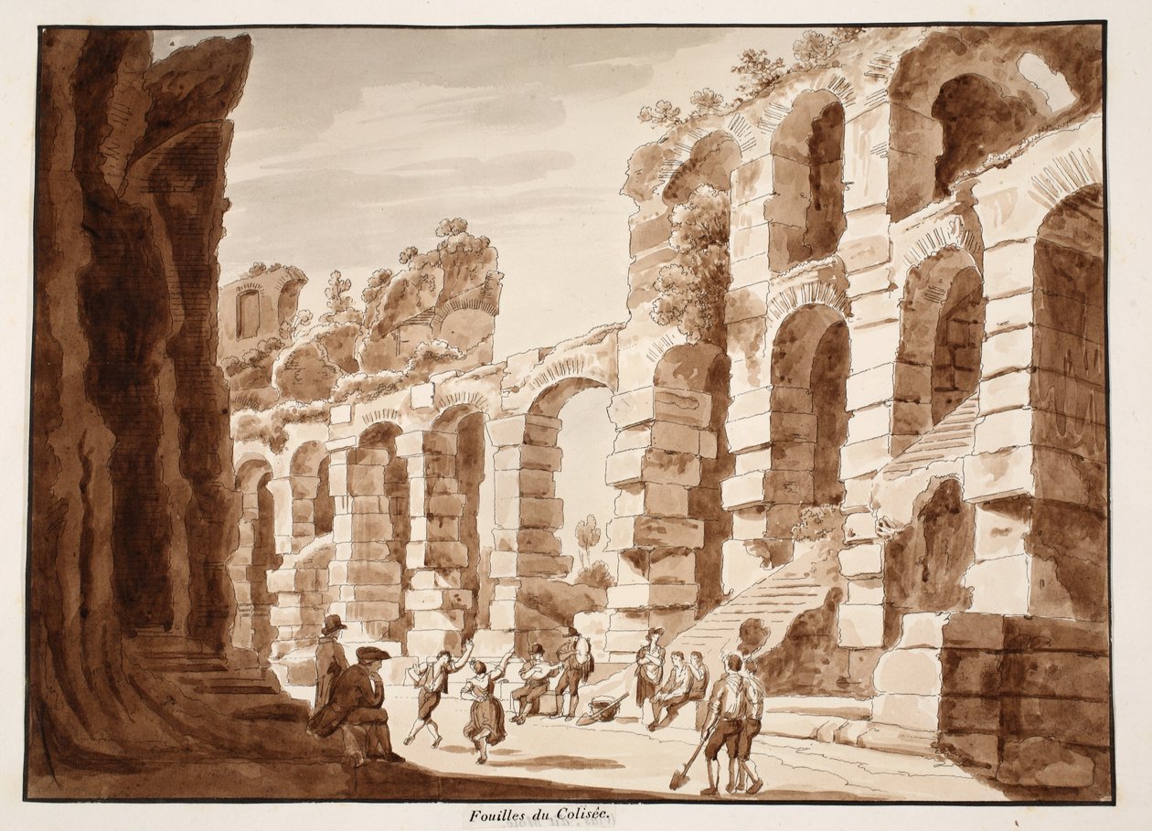 Udgravninger i Colosseum, 1883 (ætsning med brun vask) af Agostino Tofanelli
