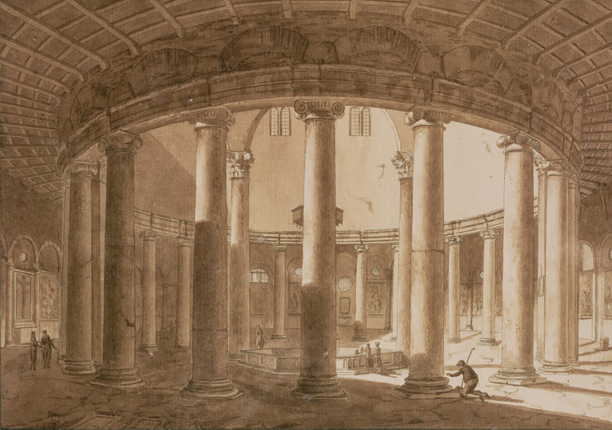 Interiør af Claudius-templet i Rom, ca. 1800 (pen og sepia vask på papir) af Agostino Tofanelli