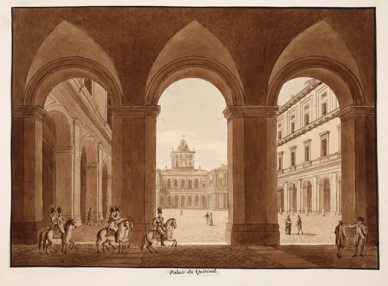 Palazzo del Quirinale, 1833 (ætsning med brun vask) af Agostino Tofanelli