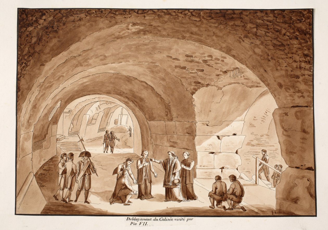 Pius VII besøger værkerne ved Colosseum, 1833 (ætsning med brun vask) af Agostino Tofanelli