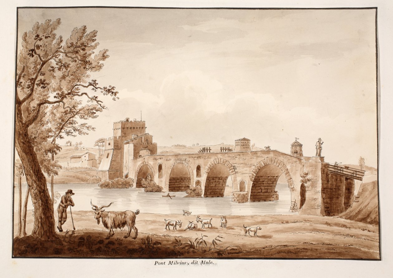 Ponte Milvio eller Ponte Molle, 1833 (ætsning med brun vask) af Agostino Tofanelli
