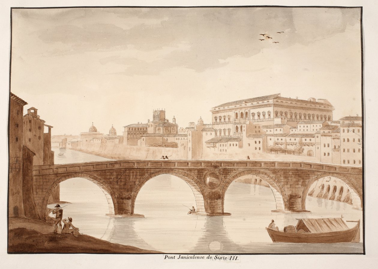 Ponte Sisto, 1833 (ætsning med brun vask) af Agostino Tofanelli