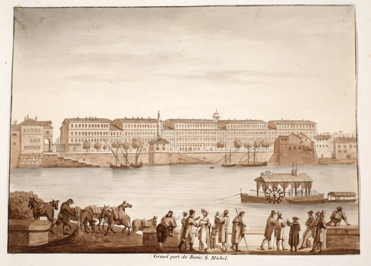 Havn i Ripa Grande og Ospizio di S. Michele, 1833 (ætsning med brun vask) af Agostino Tofanelli