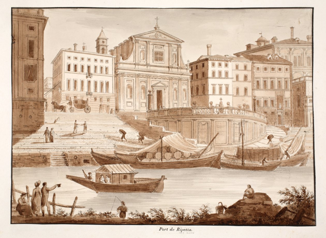Porto di Ripetta, 1833 (ætsning med brun lakering) af Agostino Tofanelli
