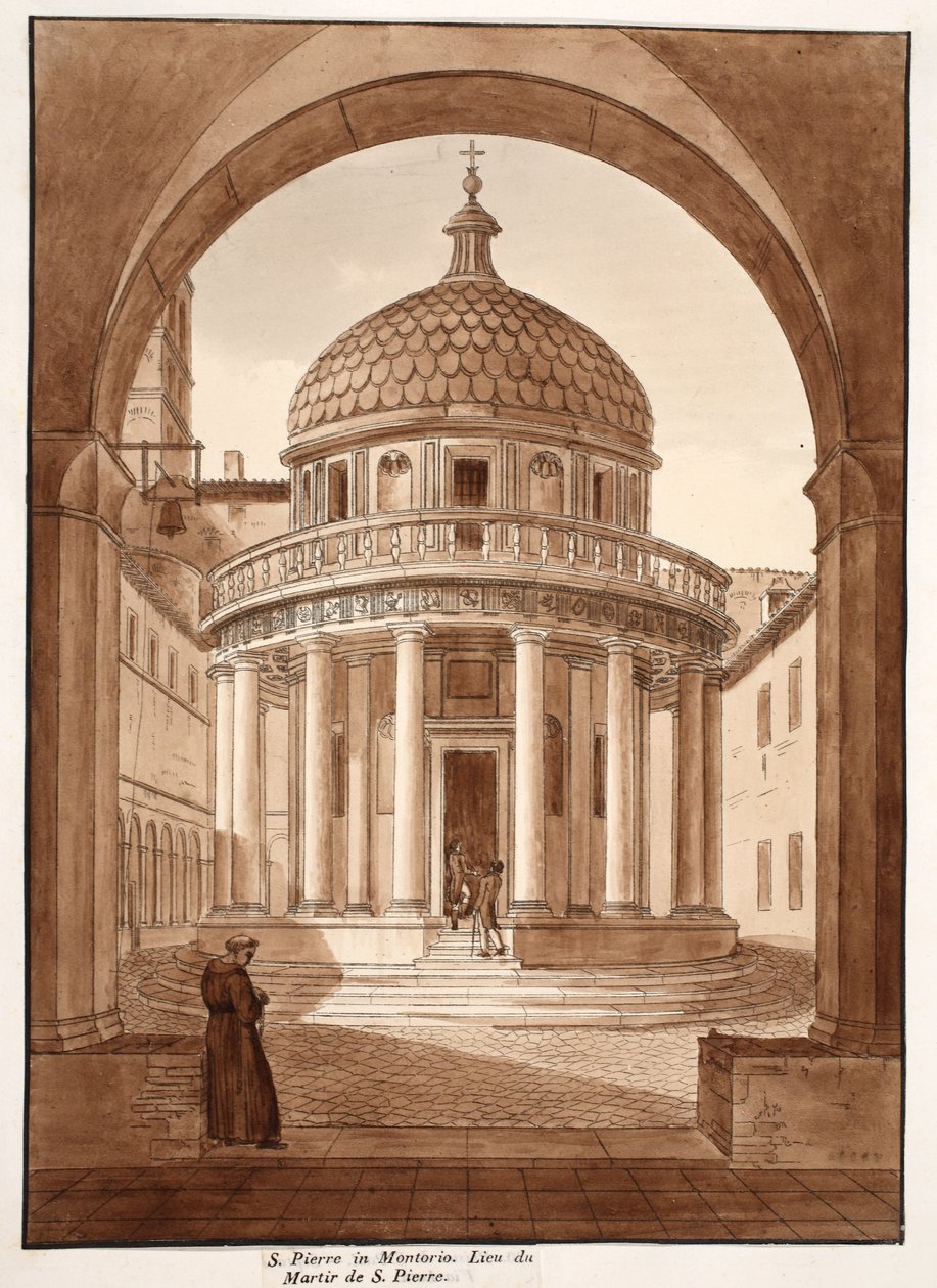 San Pietro i Montorio, stedet for Skt. Peters martyrium, 1833 (ætsning med brun vask) af Agostino Tofanelli
