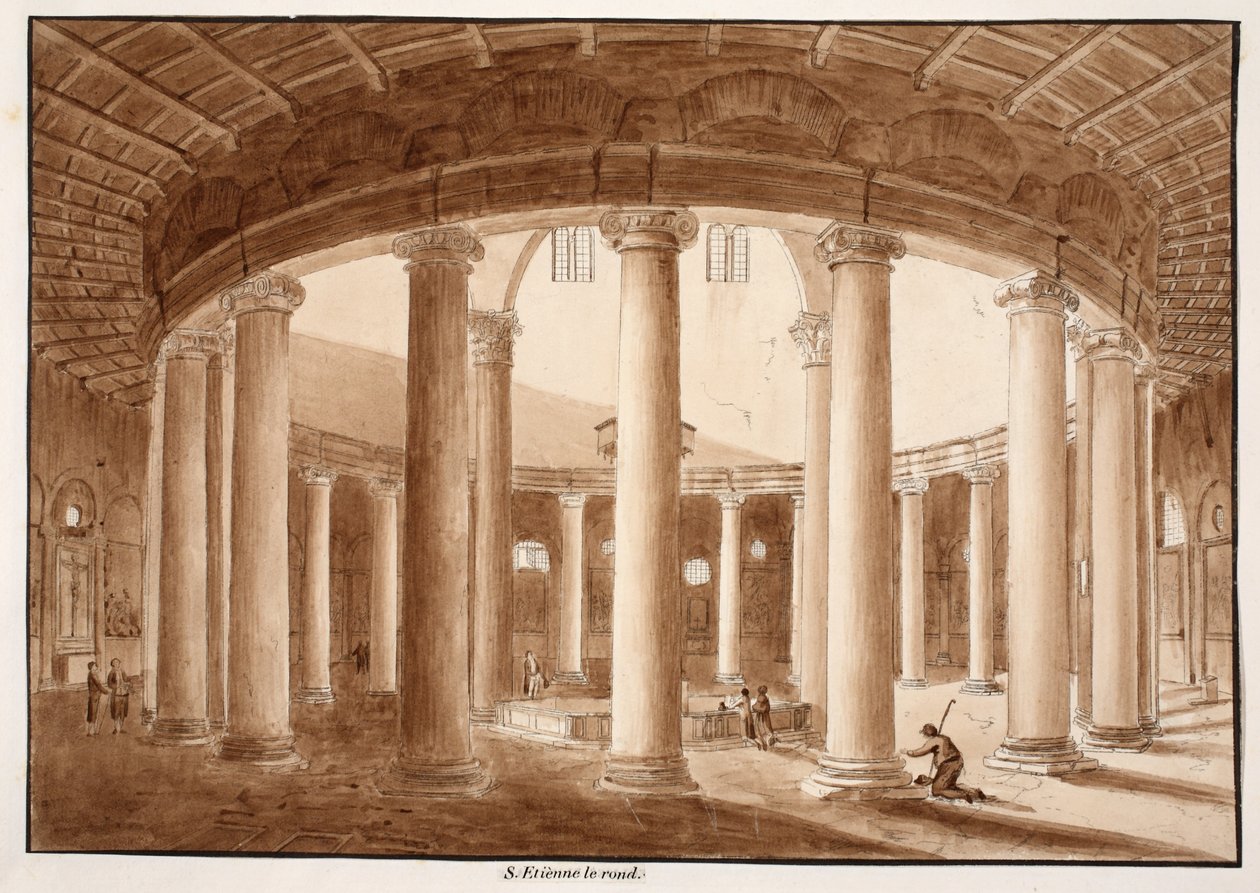 Santo Stefano Rotondo, 1833 (ætsning med brun vask) af Agostino Tofanelli
