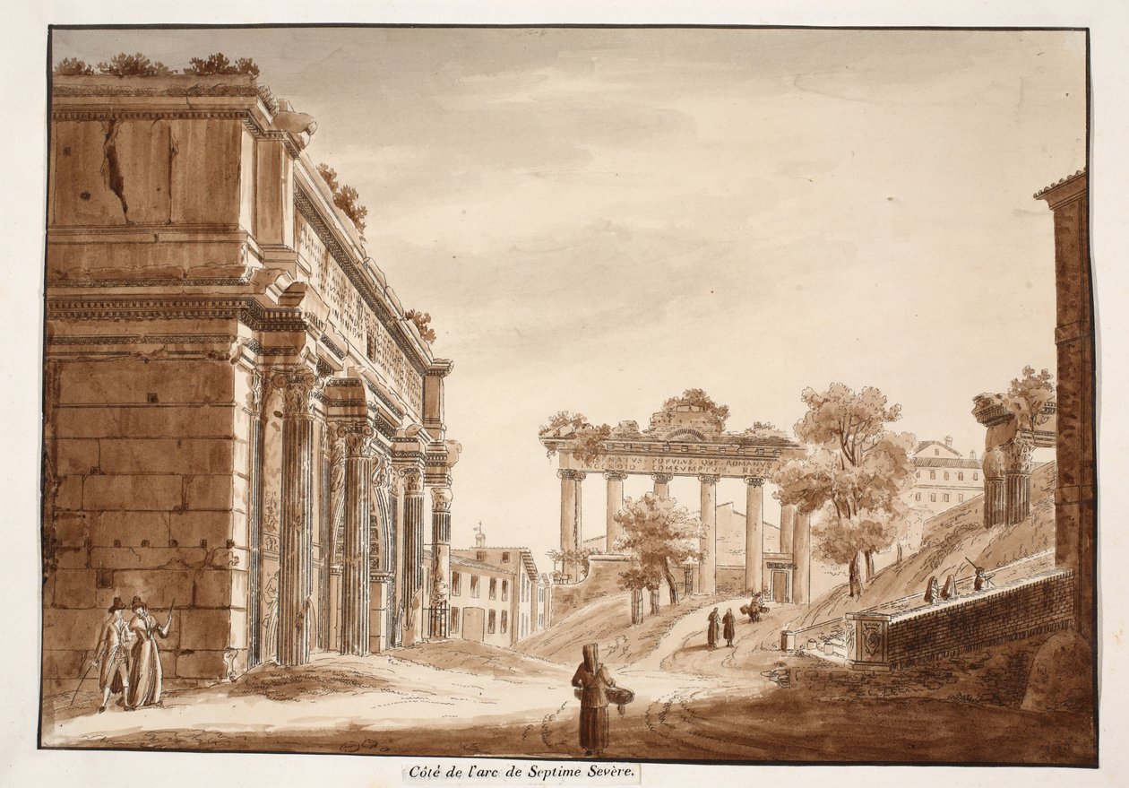 Set fra siden af Septimius Severus bue, 1833 (ætsning med brun vask) af Agostino Tofanelli
