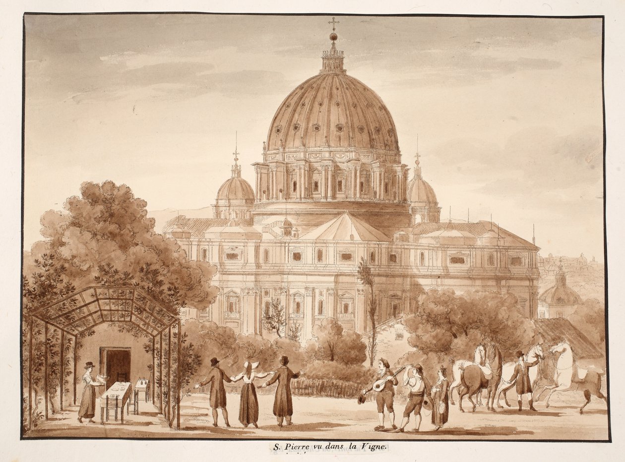 Peterskirken set fra en vingård, 1833 (ætsning med brun vask) af Agostino Tofanelli