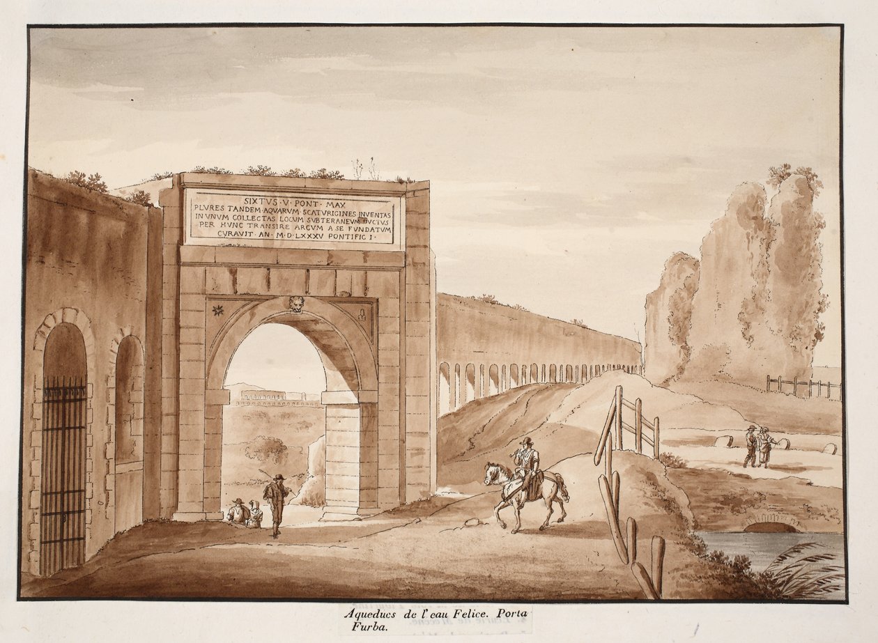 Acqua Felice og Porta Furba, 1833 (ætsning med brun vask) af Agostino Tofanelli