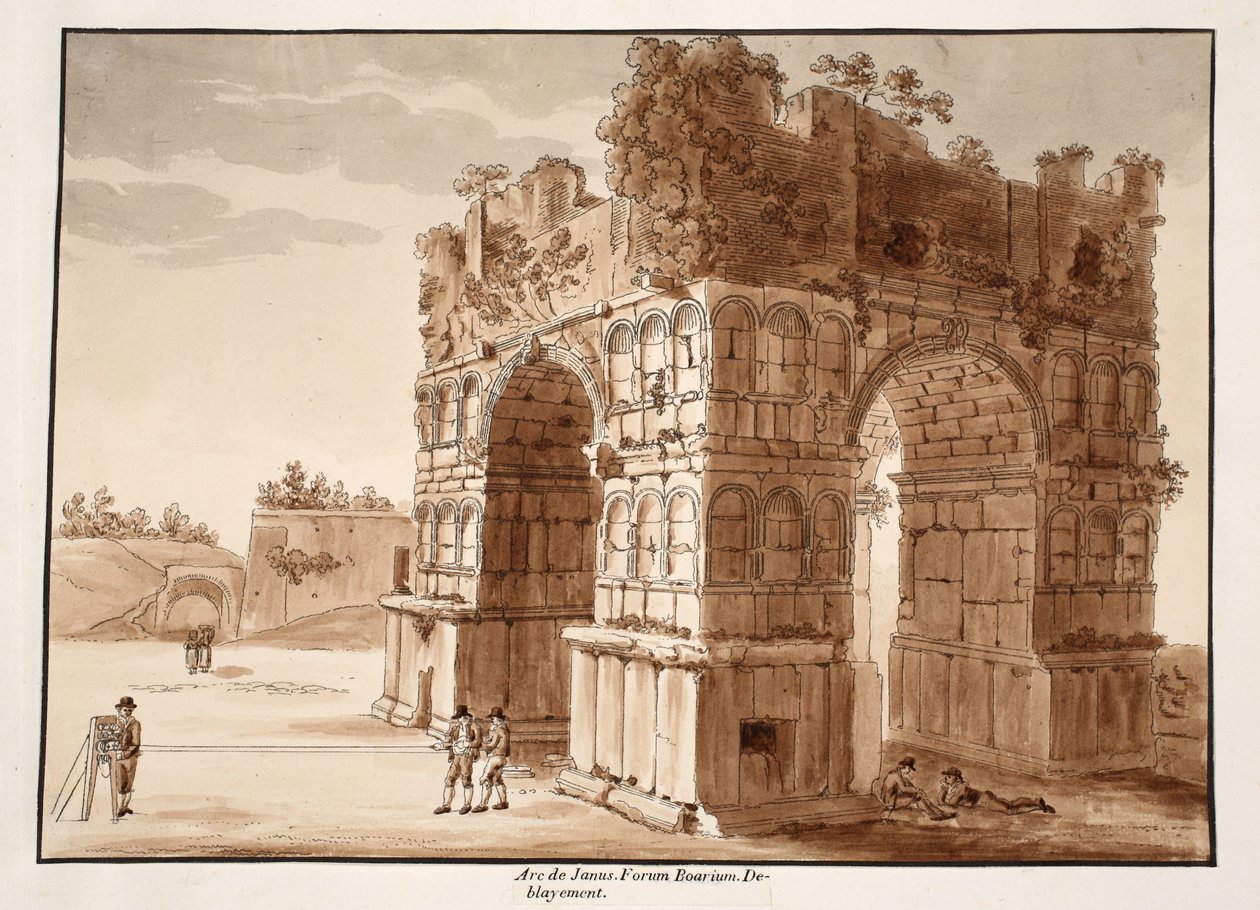 Janusbuen: Udgravning af Forum Boarium, 1833 (radering med brun vask) af Agostino Tofanelli