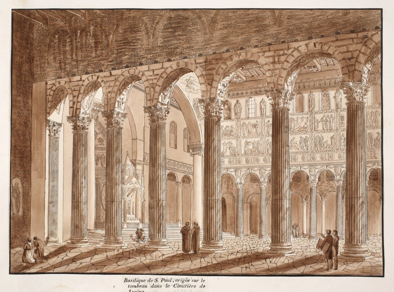 St. Paul-basilikaen, bygget på graven på Lucina-kirkegården, 1833 (ætsning med brun vask) af Agostino Tofanelli