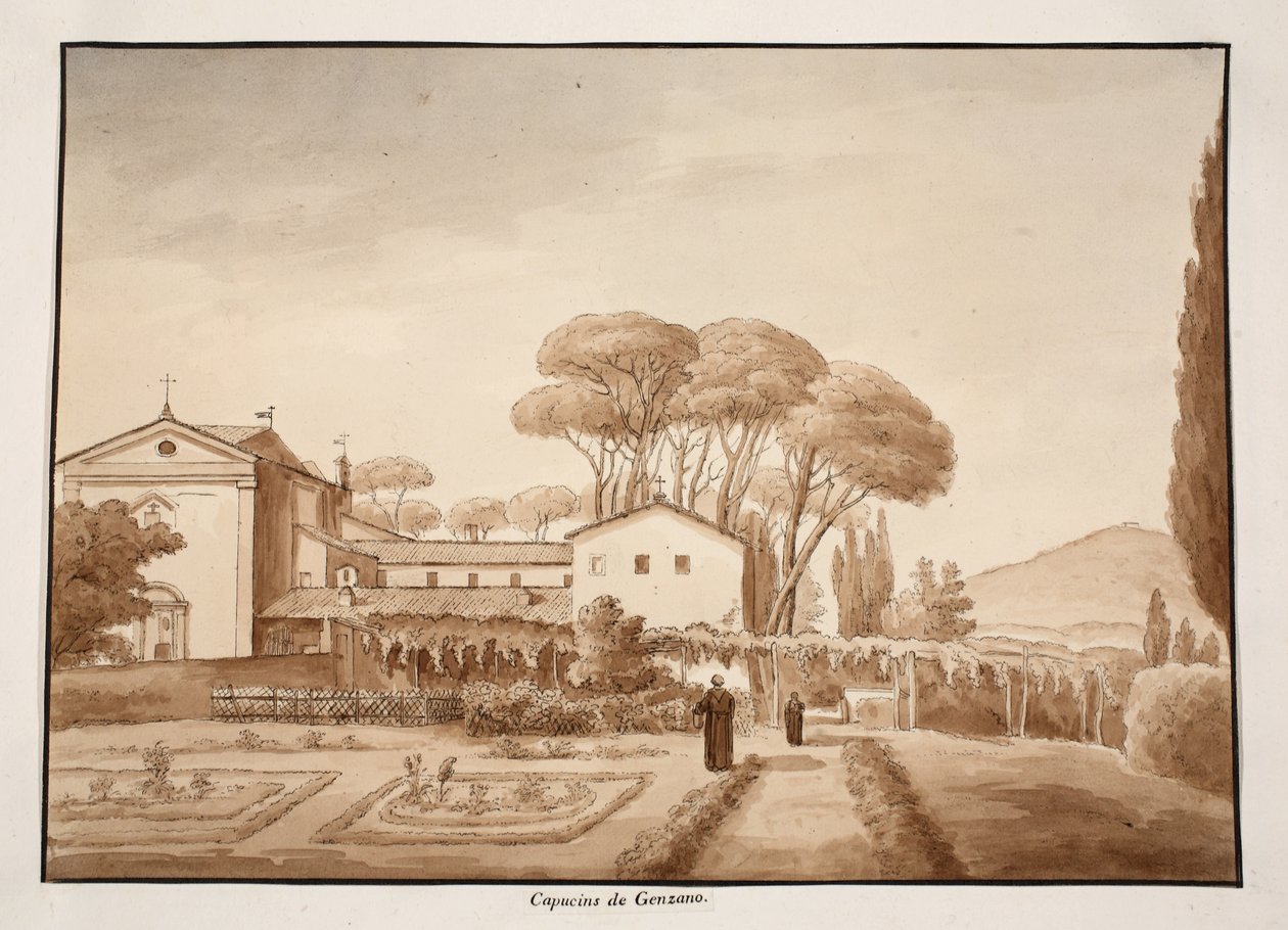 Kapucinerklosteret i Genzano, 1833 (ætsning med brun vask) af Agostino Tofanelli