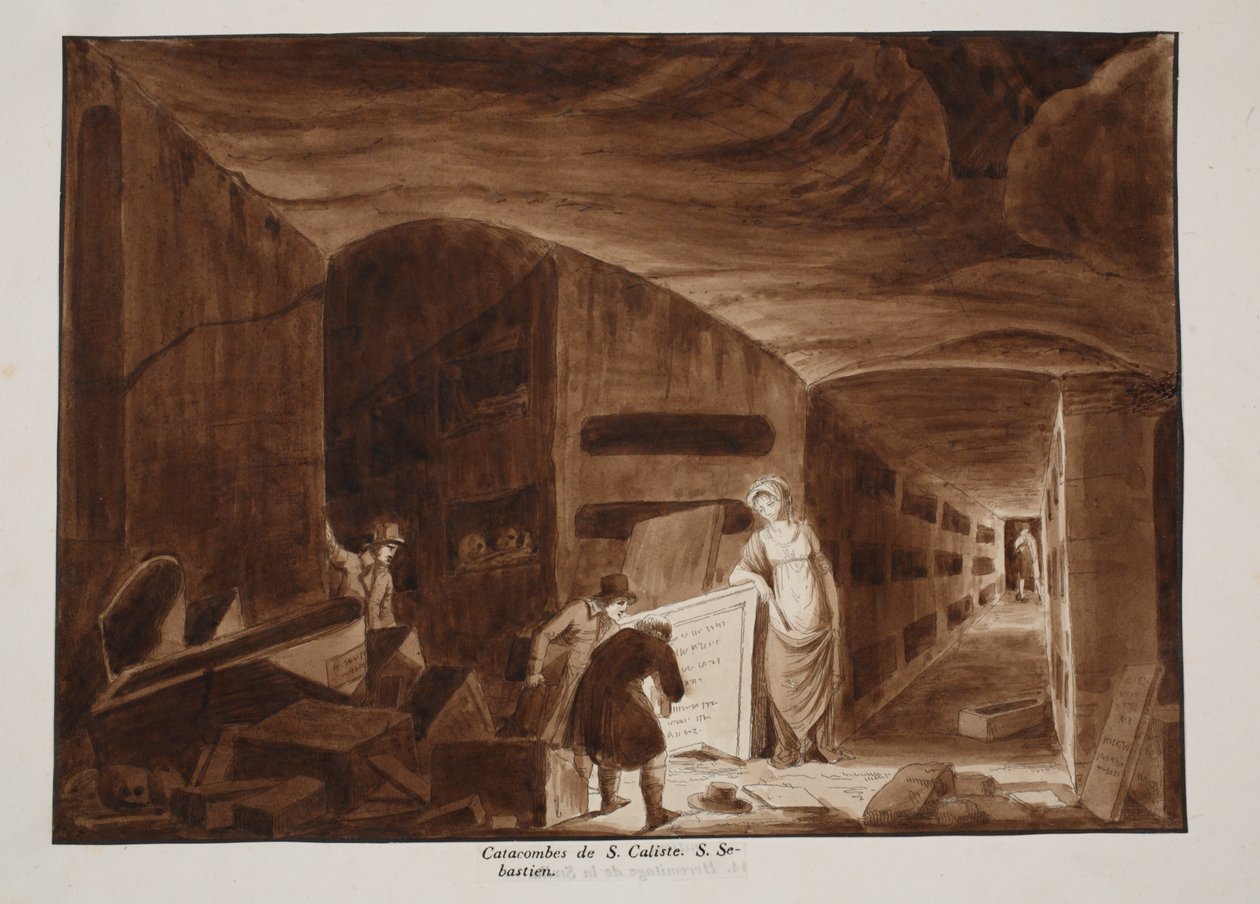 Catacombs of St. Calixtus, 1833 (ætsning med brun vask) af Agostino Tofanelli
