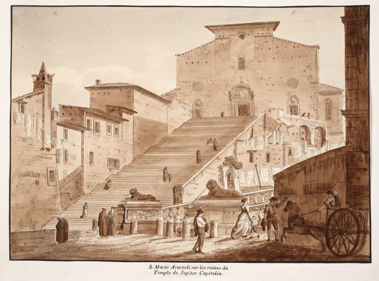 Kirken Santa Maria in Aracoeli på ruinerne af Jupitertemplet på Capitolinen, 1833 (radering med brun vask) af Agostino Tofanelli