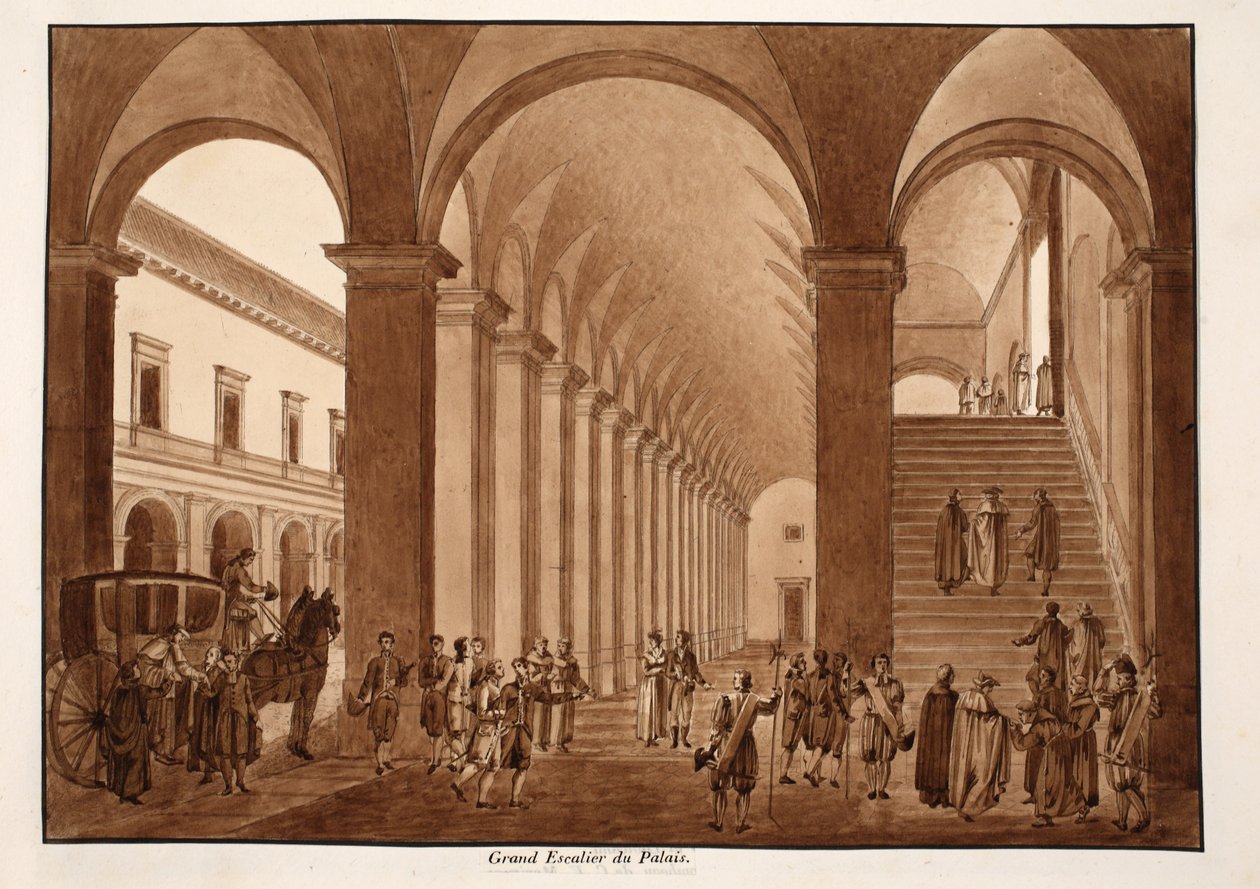 Hovedtrappen i Palazzo del Quirinale, 1833 (ætsning med brun vask) af Agostino Tofanelli