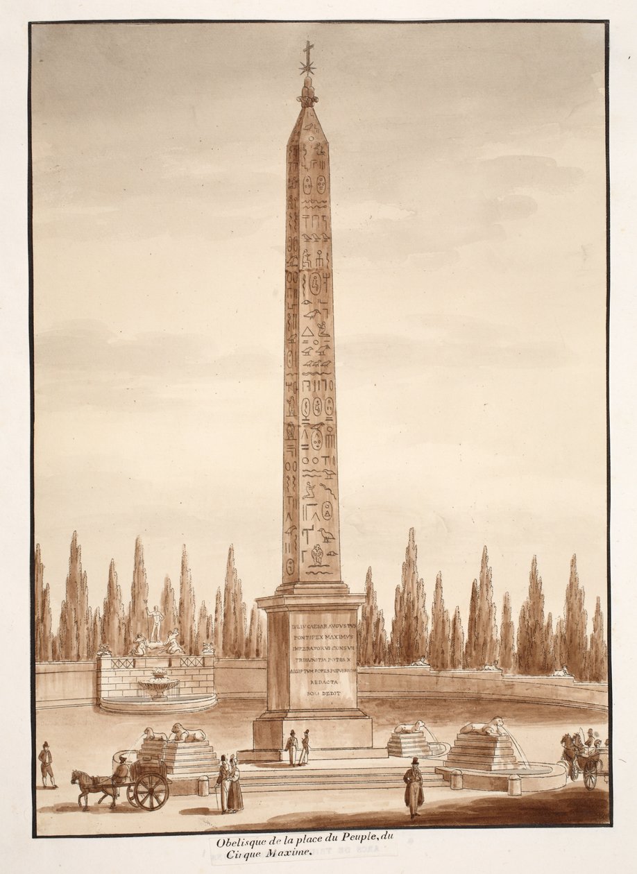 Piazza del Popolo Obelisk, fra Circus Maximus, 1833 (ætsning med brun vask) af Agostino Tofanelli