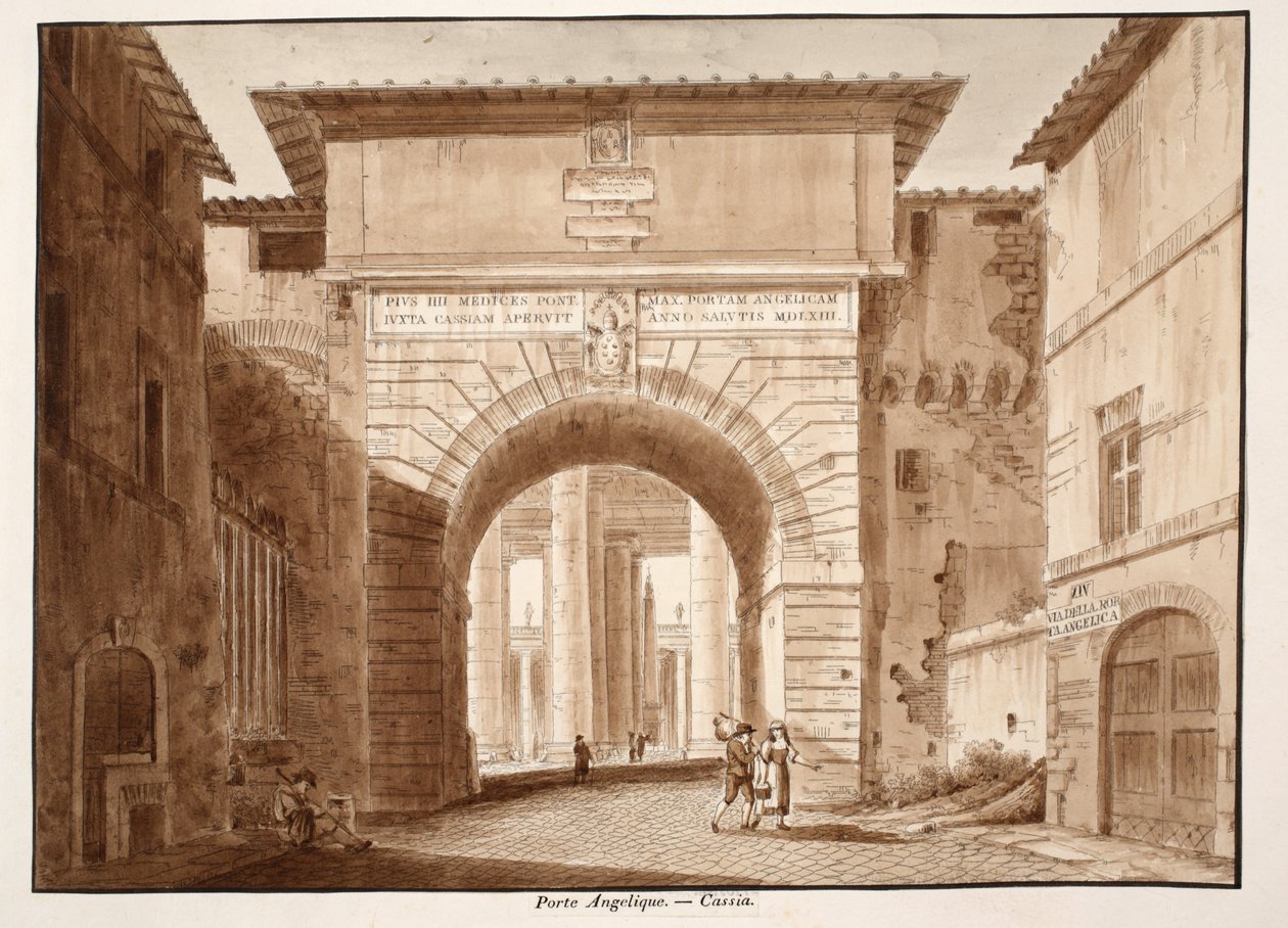 The Porta Angelica - Cassia, 1833 (ætsning med brun vask) af Agostino Tofanelli