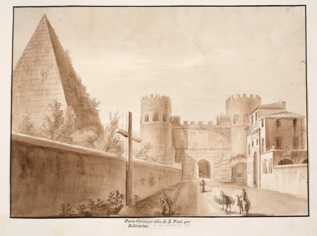 Porta Ostiensis eller San Paolo, bygget af Belisarius, 1833 (ætsning med brun vask) af Agostino Tofanelli