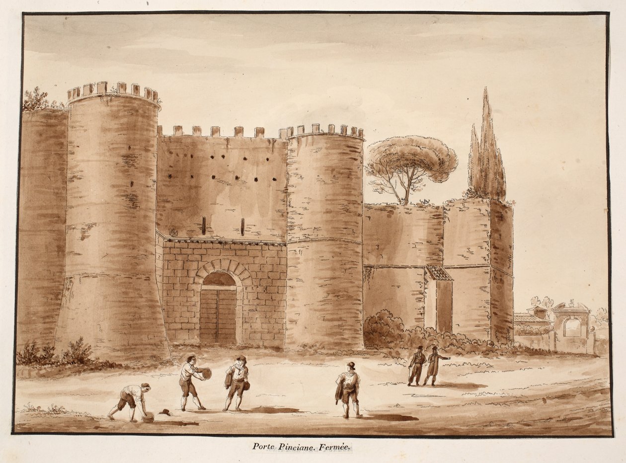 Porta Pinciana, lukket, 1833 (ætsning med brun vask) af Agostino Tofanelli
