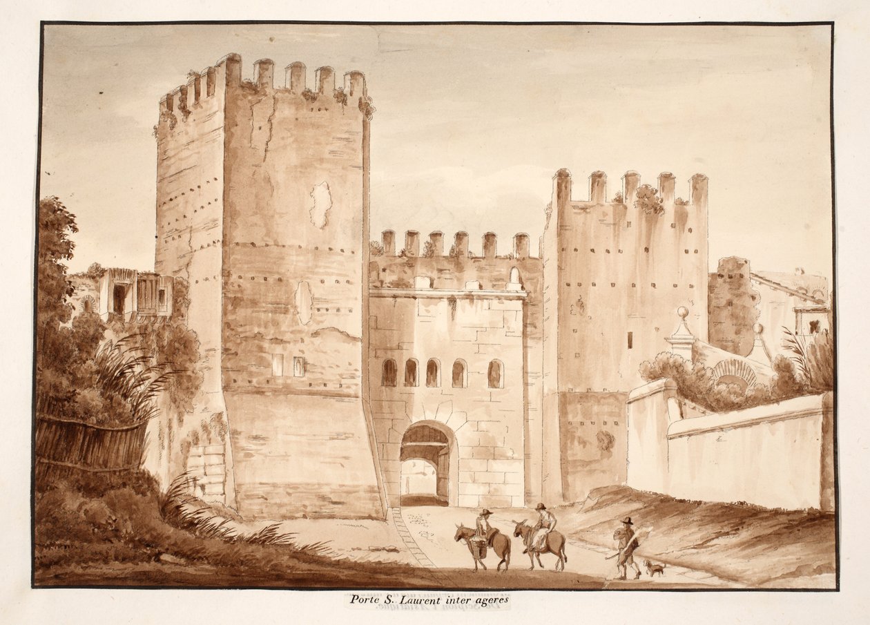 Porta San Lorenzo, inter ageres, 1833 (ætsning med brun vask) af Agostino Tofanelli