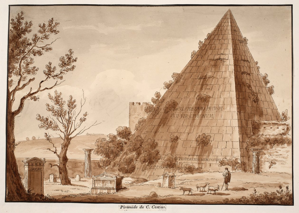 The Pyramid of C.Cestius, 1833 (ætsning med brun vask) af Agostino Tofanelli