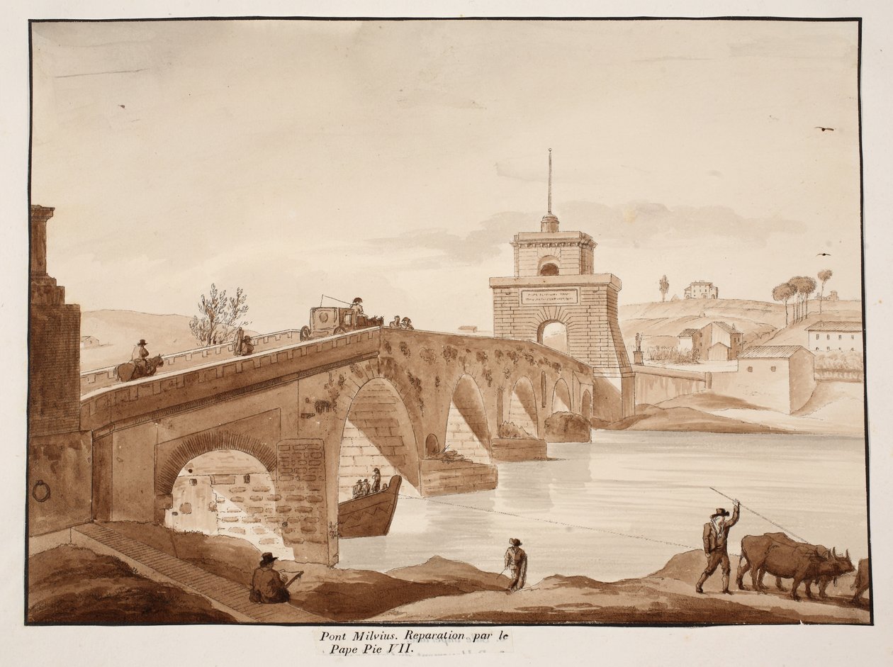Restaureringen af Ponte Milvio af pave Pius VII, 1833 (ætsning med brun vask) af Agostino Tofanelli
