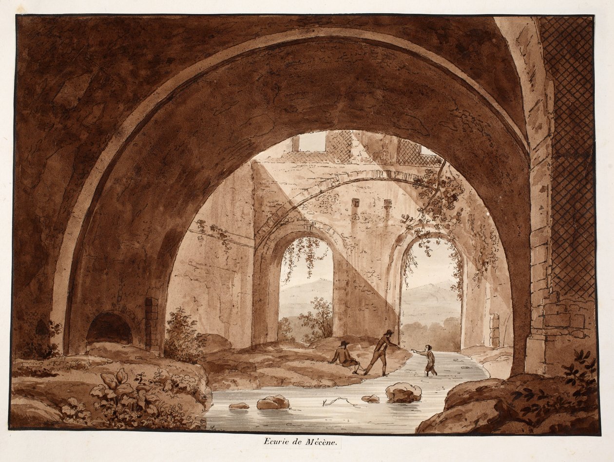 Staldene i Villa Maecenas, 1833 (radering med brun vask) af Agostino Tofanelli