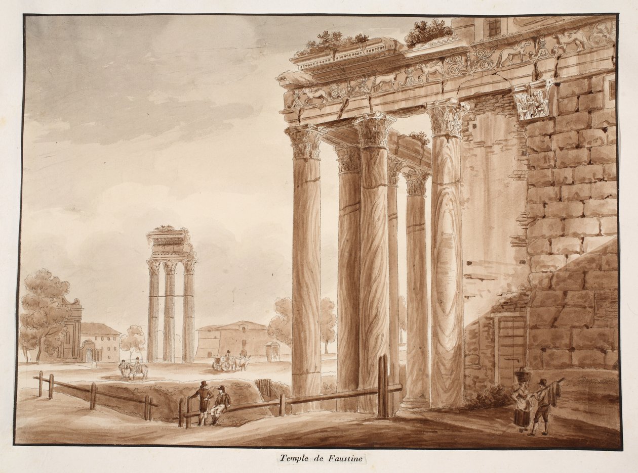 Faustinatemplet, 1833 (ætsning med brun vask) af Agostino Tofanelli