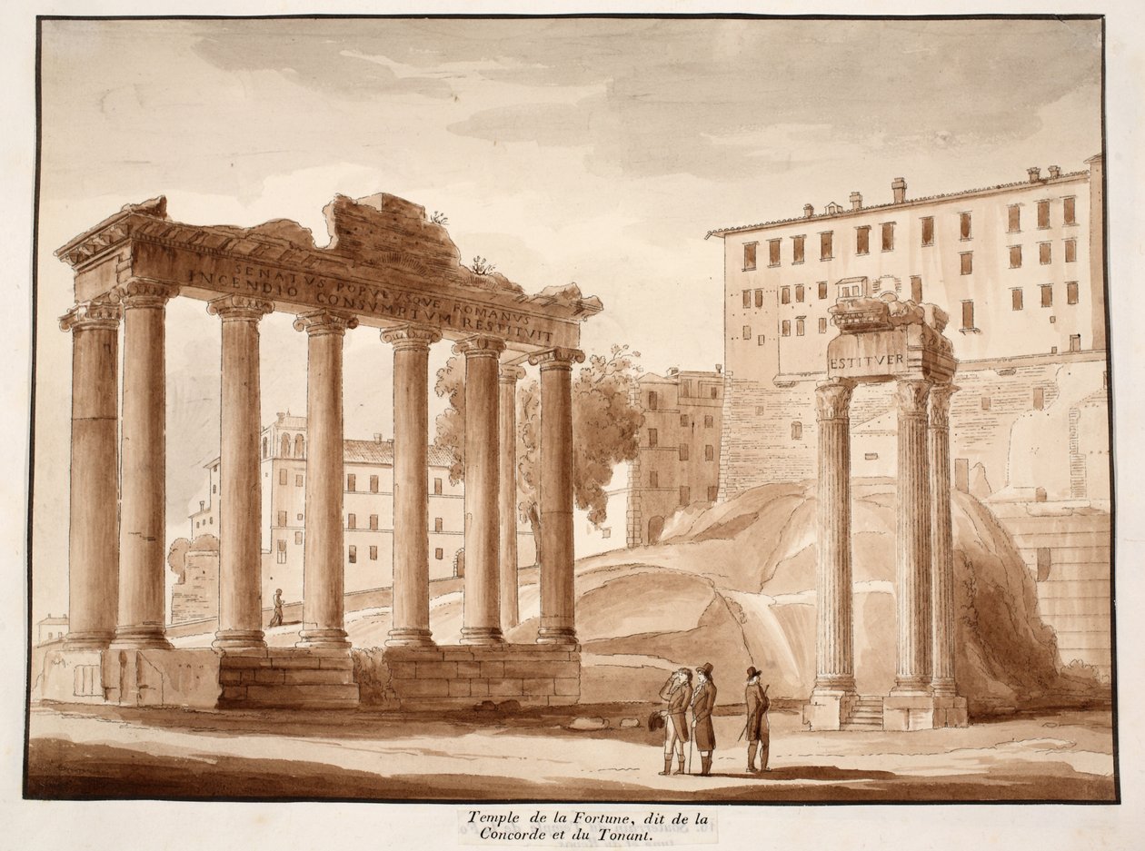 Lykketemplet, også kendt som Concord-templet og Jupiter Tonans-templet, 1833 (radering med brun vask) af Agostino Tofanelli