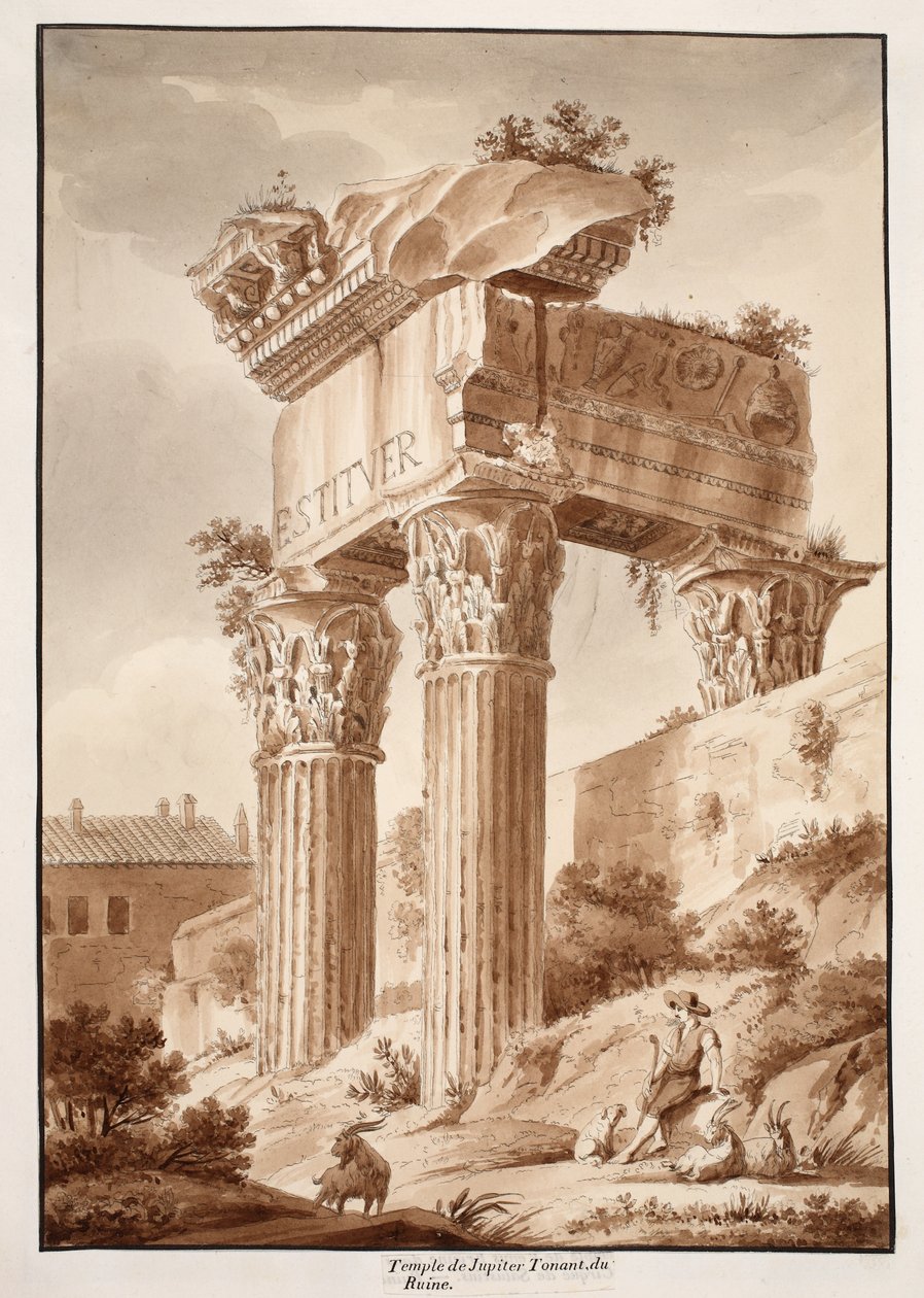 Jupiter Tonans-templet, ruiner, 1833 (radering med brun vask) af Agostino Tofanelli