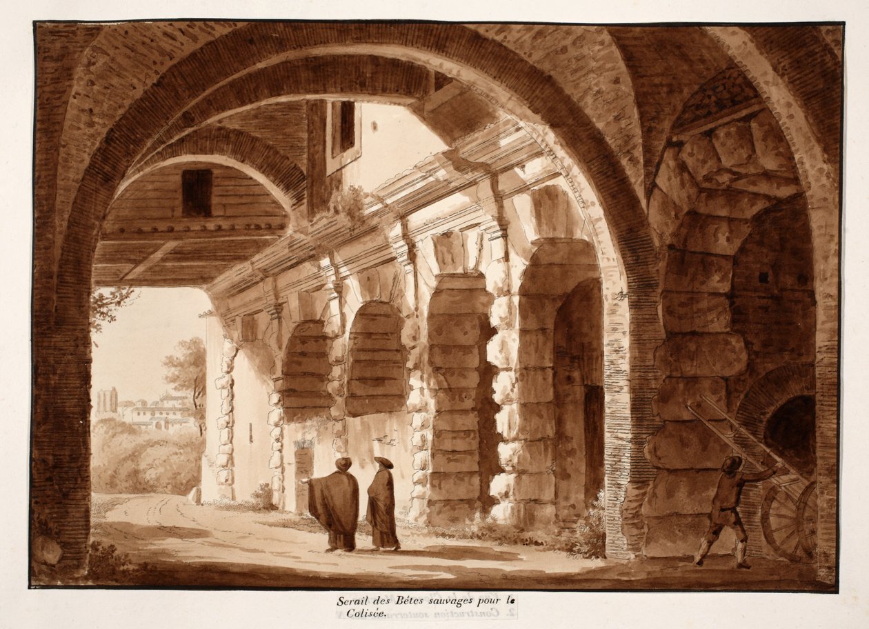 Indhegningen af de vilde dyr til Colosseum, 1833 (ætsning med brun vask) af Agostino Tofanelli