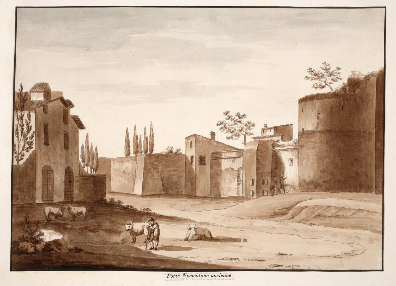 Den gamle Porta Nomentana, 1833 (ætsning med brun vask) af Agostino Tofanelli