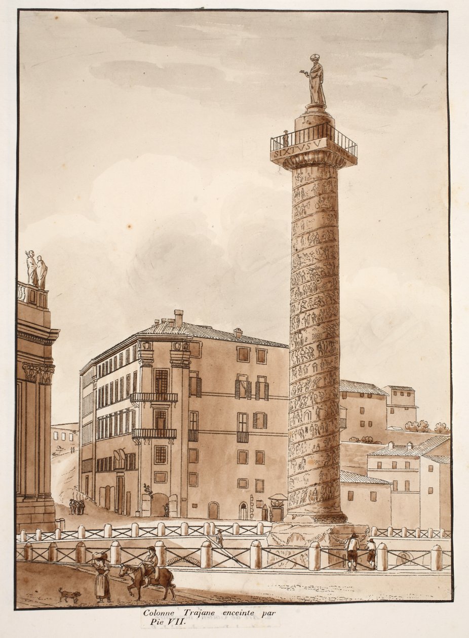 Trajans søjle, omgivet af et hegn af Pius VII, 1833 (ætsning med brun vask) af Agostino Tofanelli