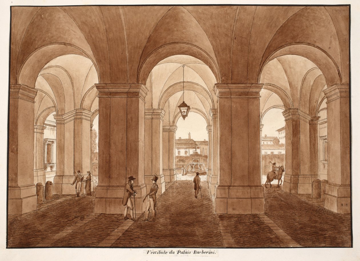Vestibulen i Palazzo Barberini, 1833 (ætsning med brun vask) af Agostino Tofanelli