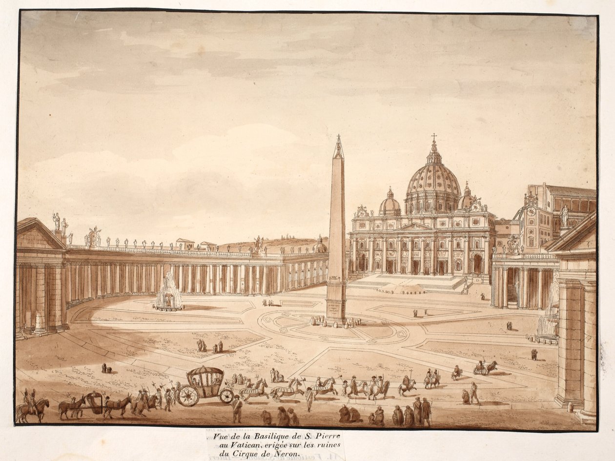 Udsigt over Peterskirken i Vatikanet, bygget på ruinerne af Circus of Nero, 1833 (ætsning med brun vask) af Agostino Tofanelli