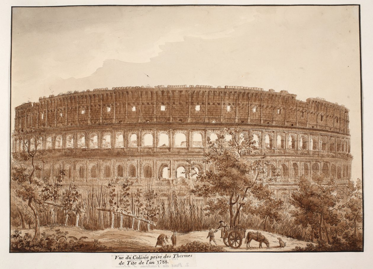 Udsigt over Colosseum fra Titus-badene, i år 1788, 1833 (ætsning med brun vask) af Agostino Tofanelli