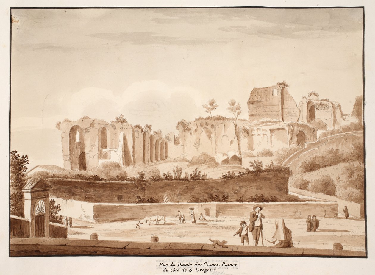 Udsigt over Cæsarpaladset set fra Via di San Gregorio, 1833 (ætsning med brun vask) af Agostino Tofanelli