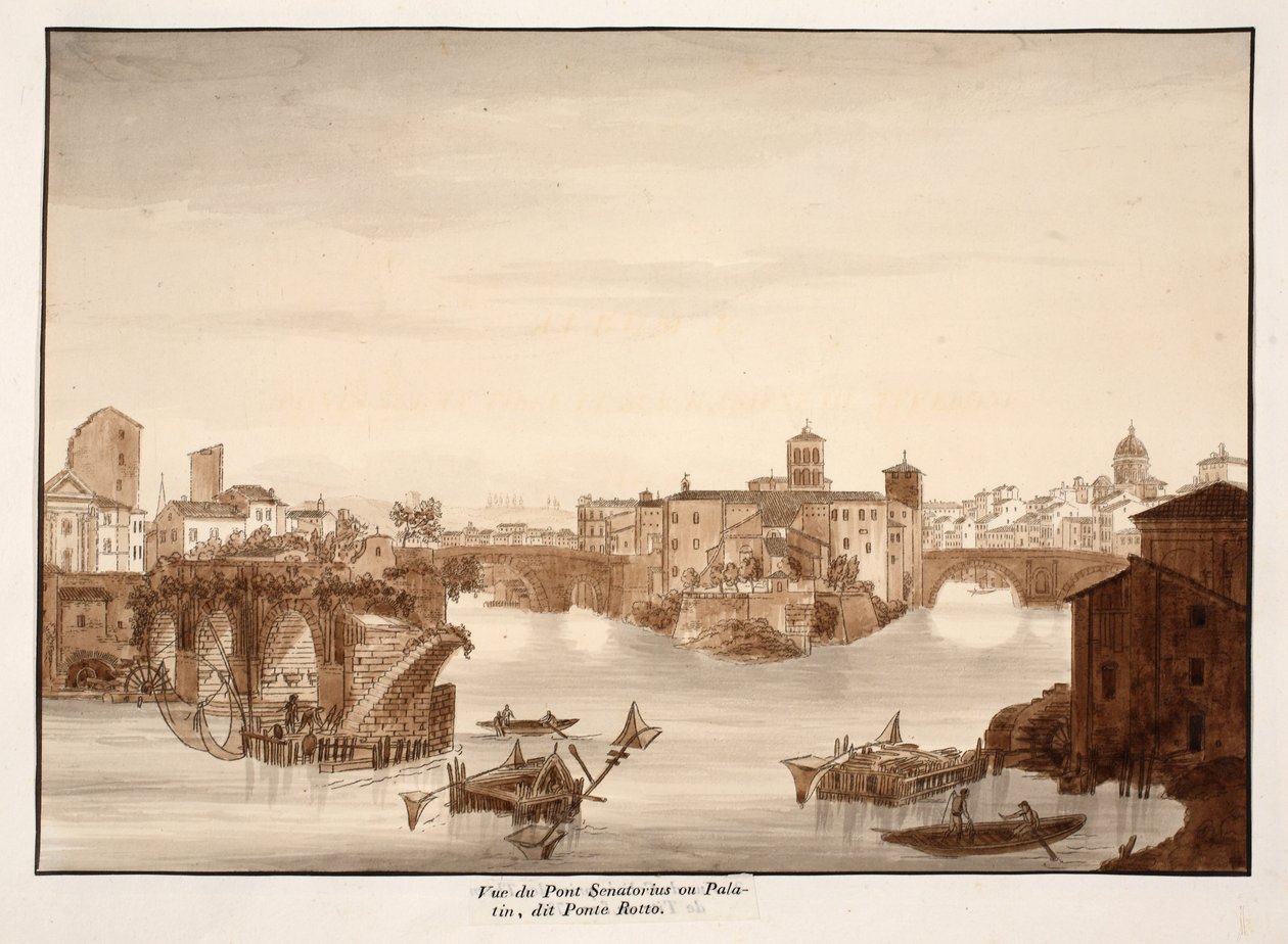 Udsigt over Palatin- eller Senatoriusbroen, kaldet Ponte Rotto, 1833 (radering med brun vask) af Agostino Tofanelli