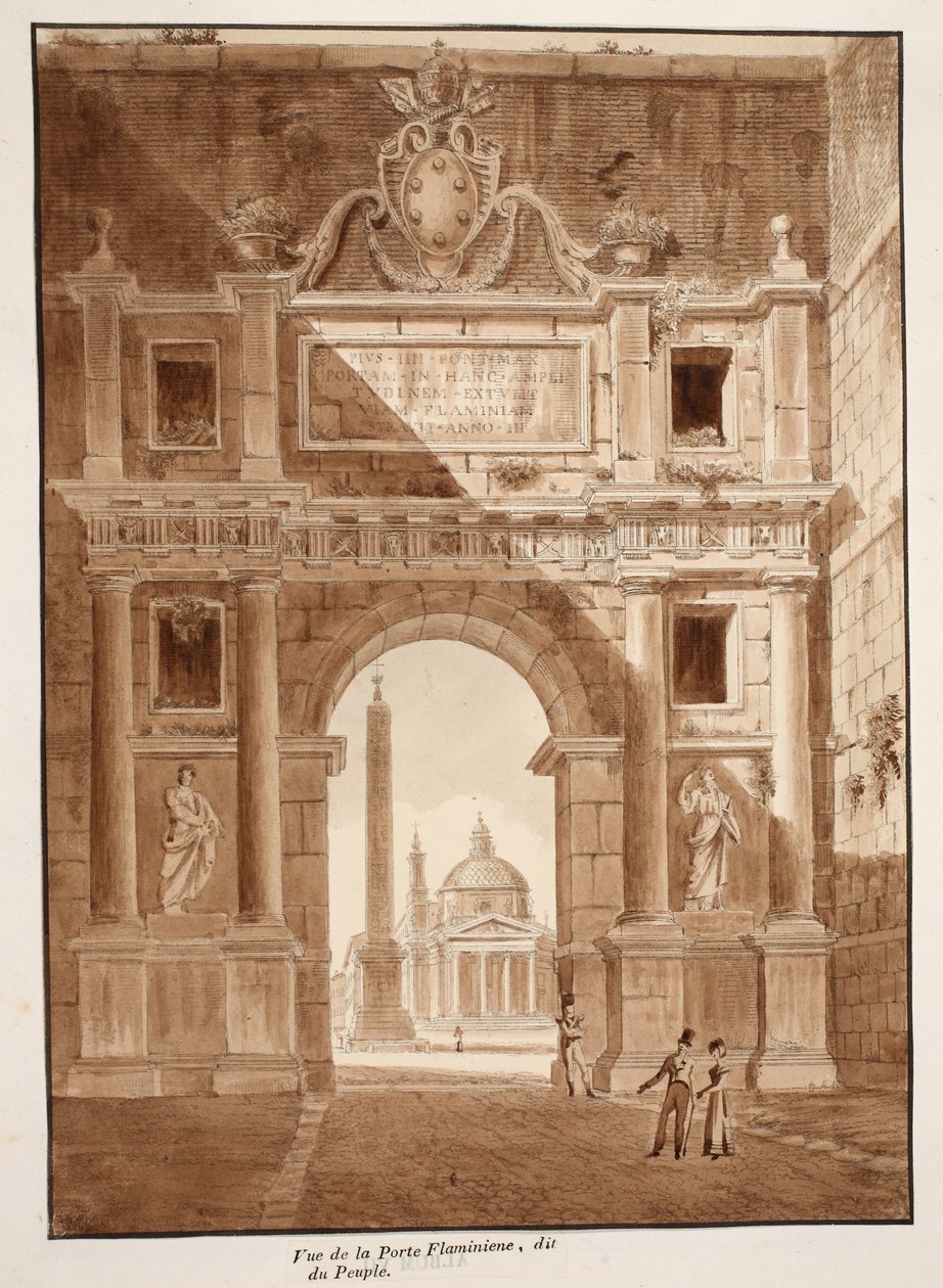 Udsigt over Porta Flaminia eller Porta del Popolo, 1833 (ætsning med brun vask) af Agostino Tofanelli