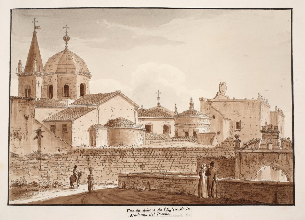 Udsigt over det ydre af kirken Santa Maria del Popolo, 1833 (ætsning med brun vask) af Agostino Tofanelli
