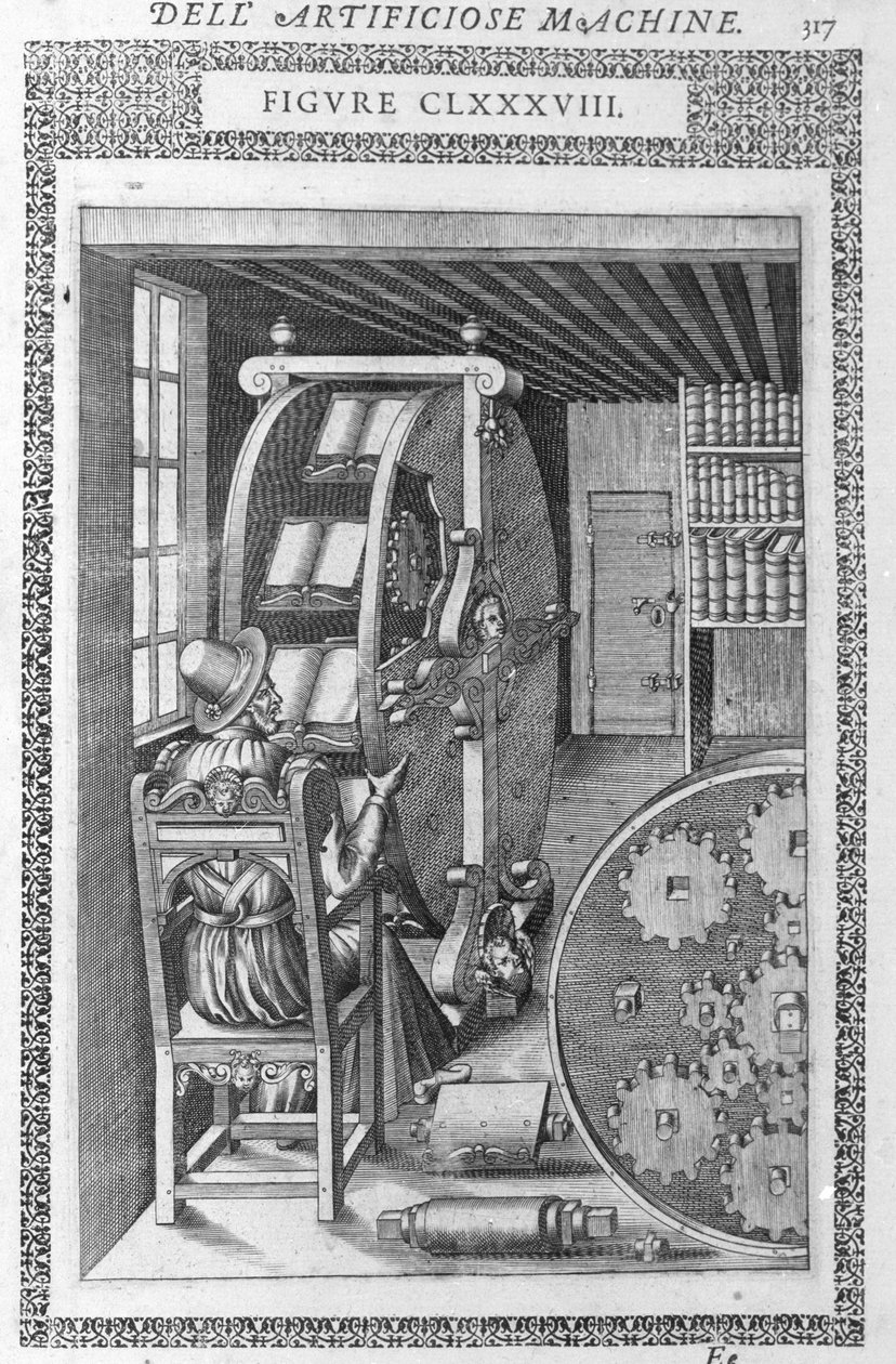 Automatisk bibliotek. Baseret på et projekt af Agostino Ramelli i "" Diverse and Artificiose Machin"" og Milan 1600. af Agostino (after) Ramelli
