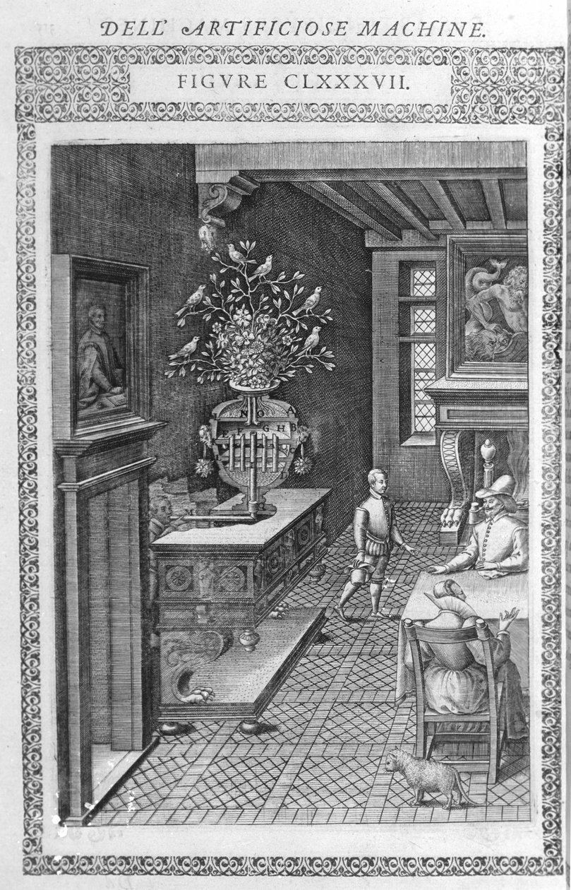 Springvand med falske fugle, der synger. Dette er et projekt af Agostino Ramelli ifølge "" Diverse and Artificiosis Machine "". Milano 1600. af Agostino (after) Ramelli