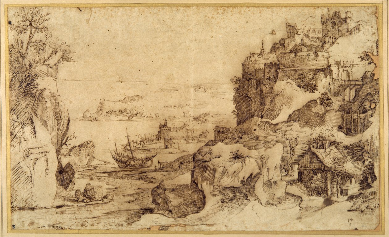 Udsigt nedad over en befæstet havn (pen og brunt blæk på papir) af Agostino (attr. to) Carracci