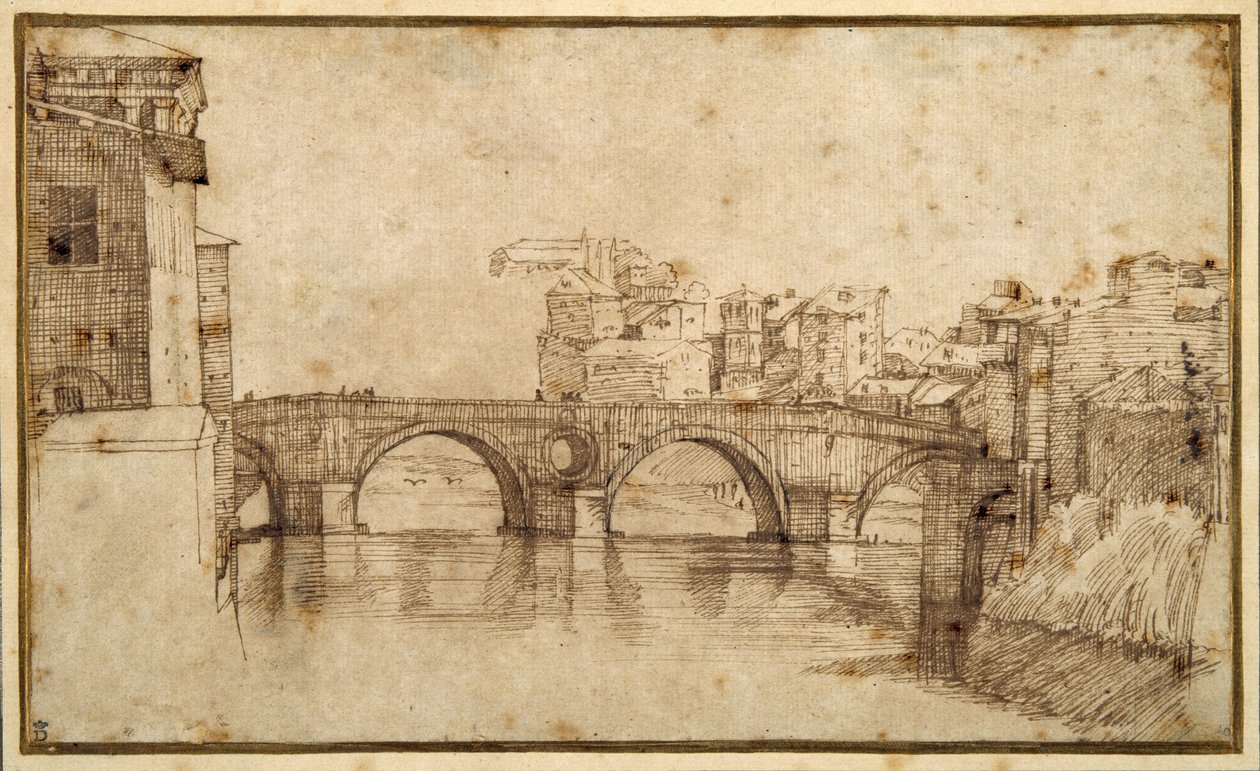 Isola Tiberiana, Rom (pen og brun blæk på papir) af Agostino (attr. to) Carracci