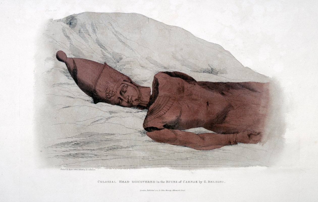 Kolossalt hoved opdaget i ruinerne af Carnak af G Belzoni, 1820 af Agostino Aglio