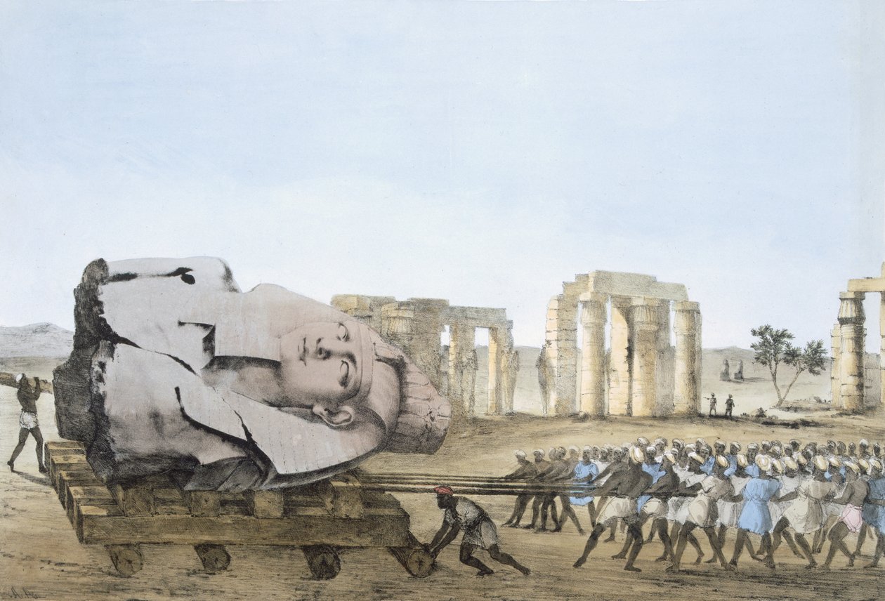 Mode, hvor den unge Memnons hoved blev fjernet, fra plader, der illustrerer forskningen i Egypten og Nubien, Giovannie Battista Belzoni, Pub. 1822 (farve litografi) af Agostino Aglio
